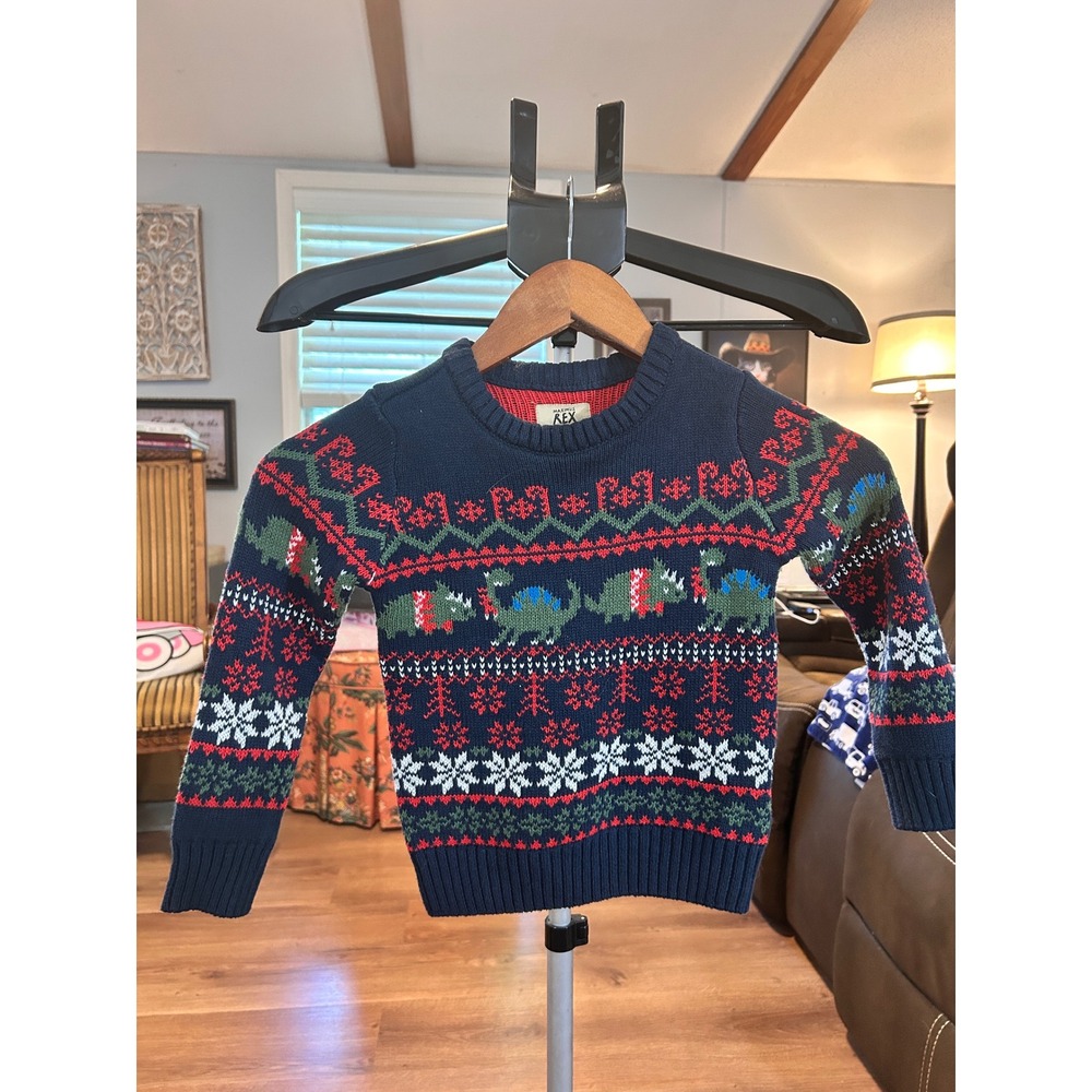 Maximus Rex Boys 3T Navy Blue Dinosaur Fair Isle Holiday Christmas Knit Sweater - Picture 2 of 4